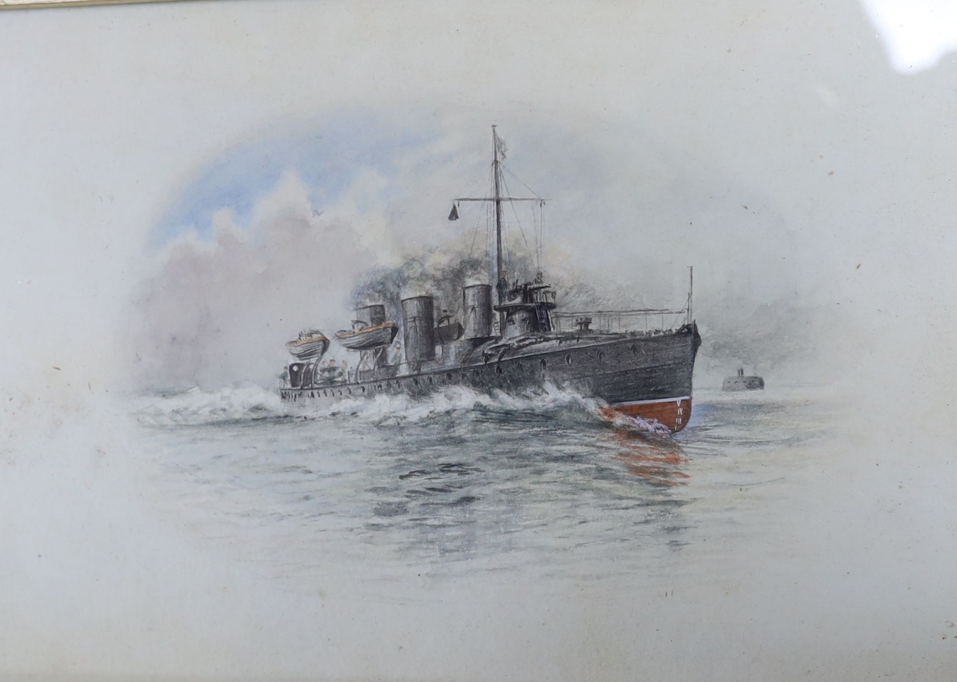 A small collection of Marine pictures including watercolour vignettes of an 18th century warship and earlier 20th century gun boat, 14 x 21cm, an early 19th century naieve watercolour of a frigate, two engravings and fou